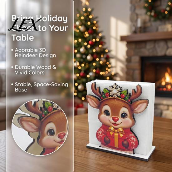 Christmas Kitchen Decor Wooden Napkin Holder, Gingerbread Man And Deer Design, Holiday Party Countertop Organizer Decorative Vertical Paper