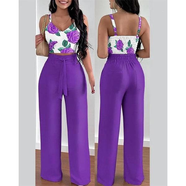Women Print Set Fashion Suspender Short Top and High Waisted Wide Leg Pants 2-piece Set Casual Elegant Set