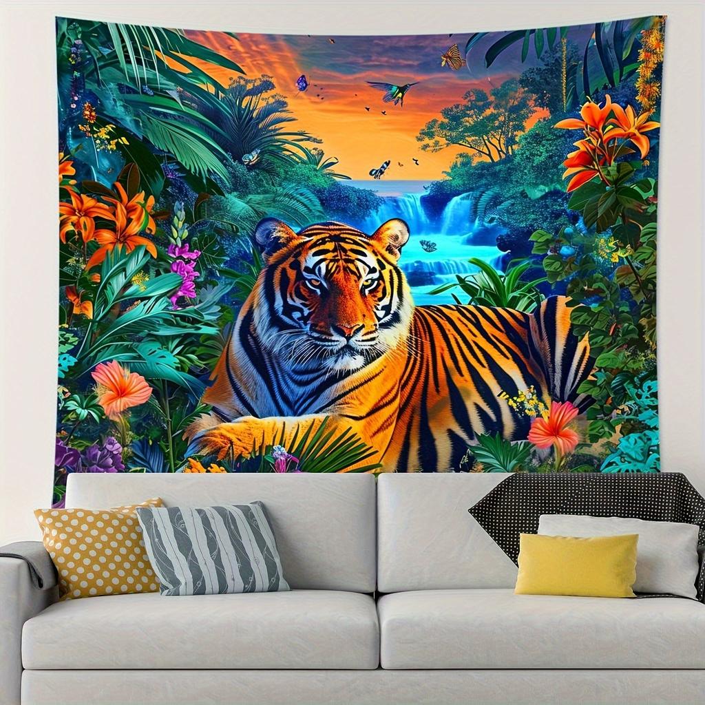 Vibrant Skull Tiger Jungle Wall Tapestry-Soft Polyester Fabric, Horizontal Tropical Sunset Design Tapestry 100x70cm