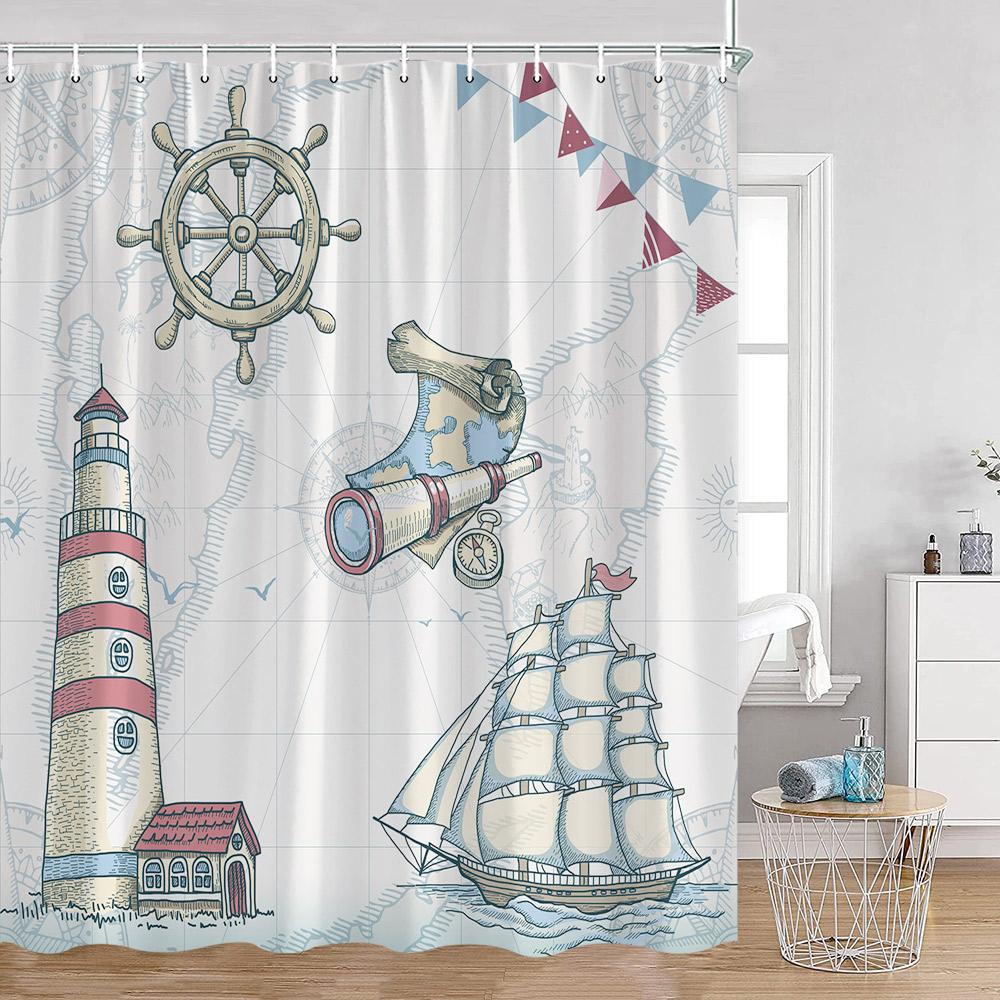 Nautical Cartoon Shower Curtain Lighthouse Sailboat Compass Adventure Treasure Map Bathroom Decor Kids Polyester Bath Curtain