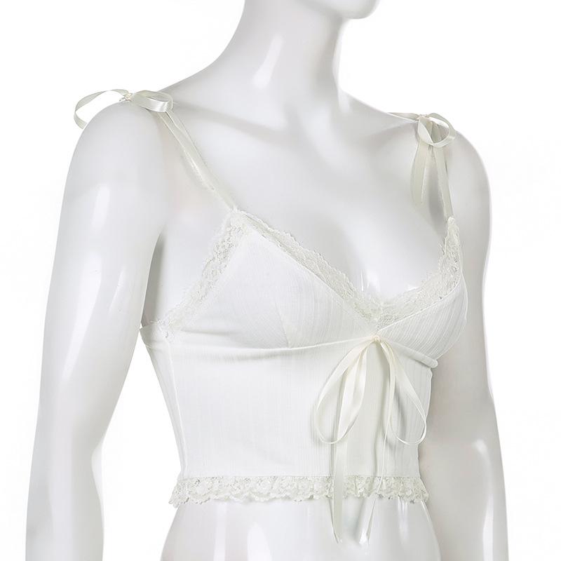 Women Simple Lace Flower Pit Strip Drawstring V-neck Suspender Vest Short Top