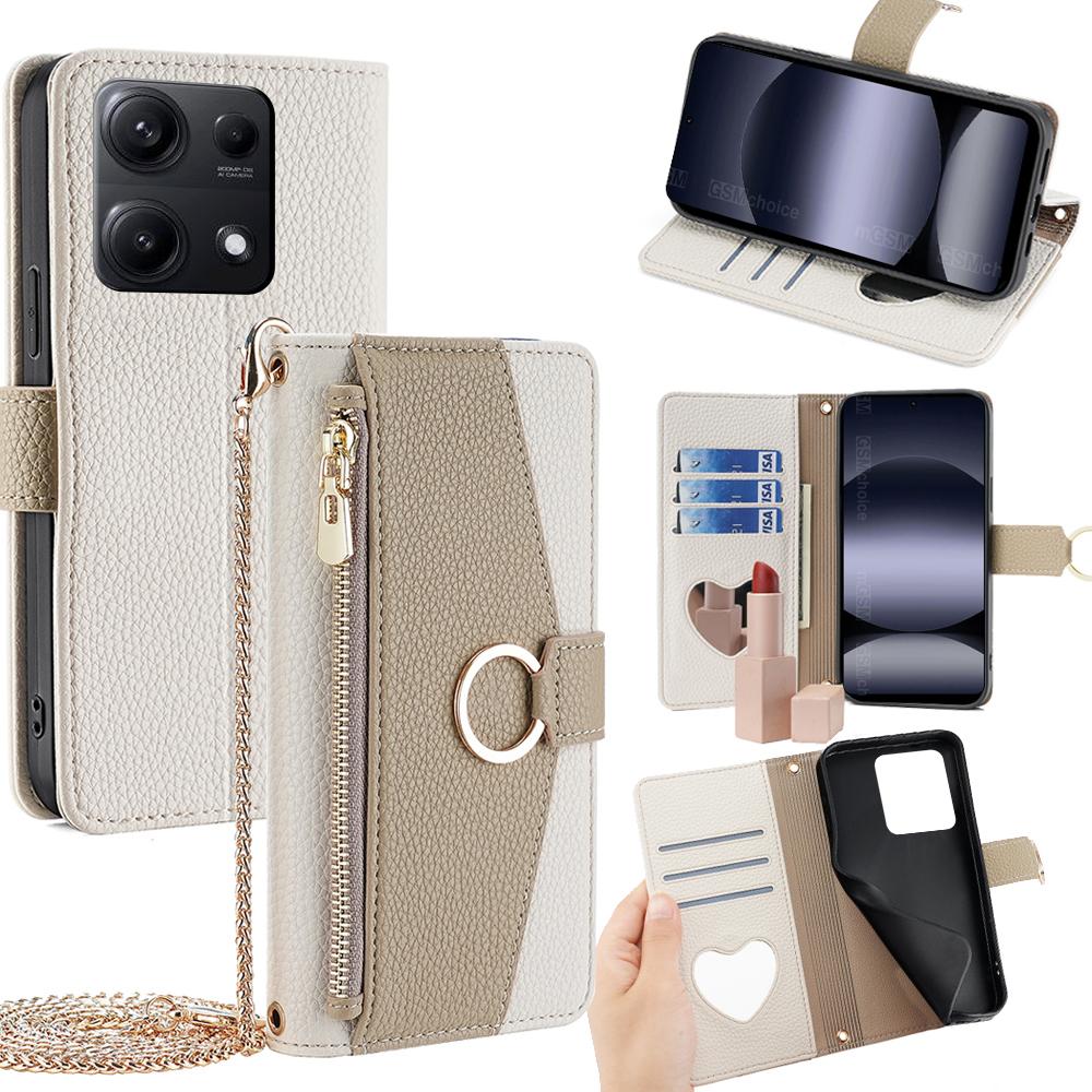 

For Xiaomi Redmi Note 14S 4G Case Mirror Wallet Leather Phone Cover with Chain Shoulder Strap White