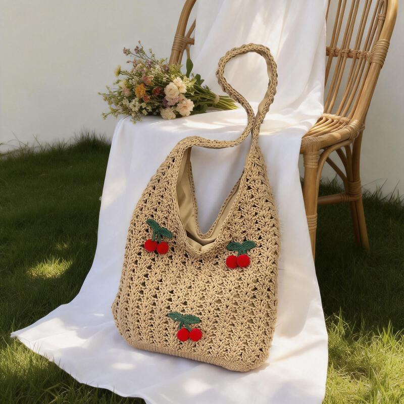 Charming Crochet Tote Bag with Cherry Embellishments – Handmade Summer Beach Bag for Women