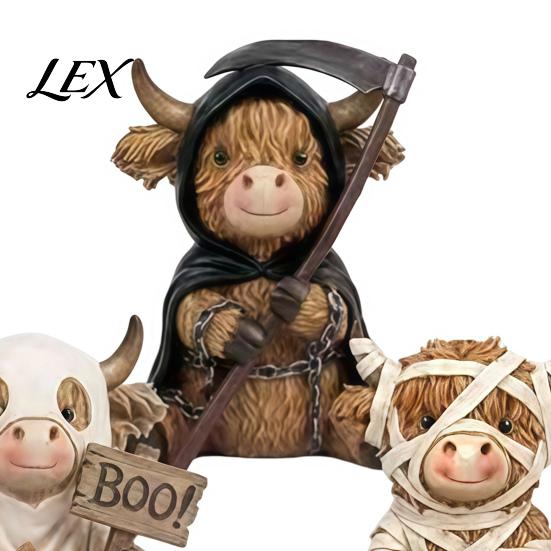 Gothic Style Gift for Lovers 3Pcs Halloween Highland Cow Figurines, Resin Cattle Statues of Grim Reaper, Desk Ornament Bookshelf Mummy & Ghost,