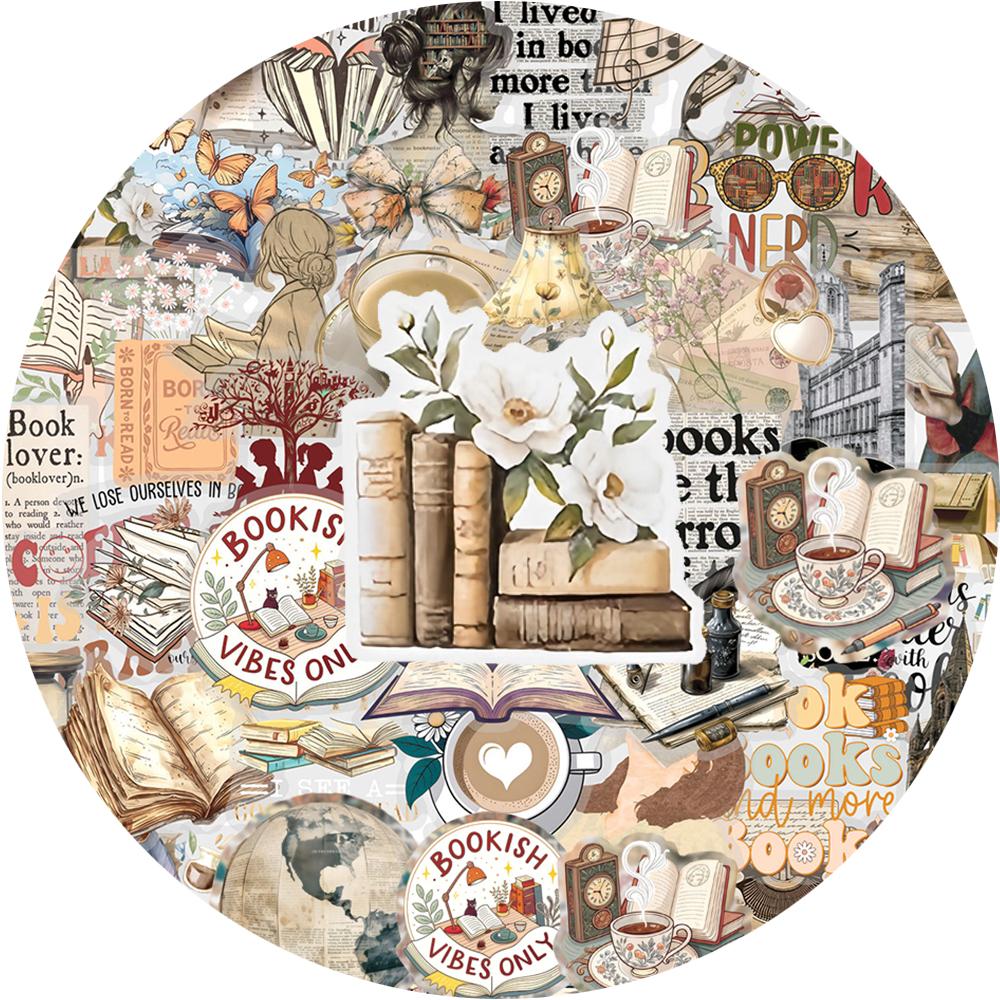 10/30/50pcs Transparent Retro Reading Stickers Cartoon Bookish Decals DIY Scrapbooking Suitcase Phone Case Graffiti Sticker Pack