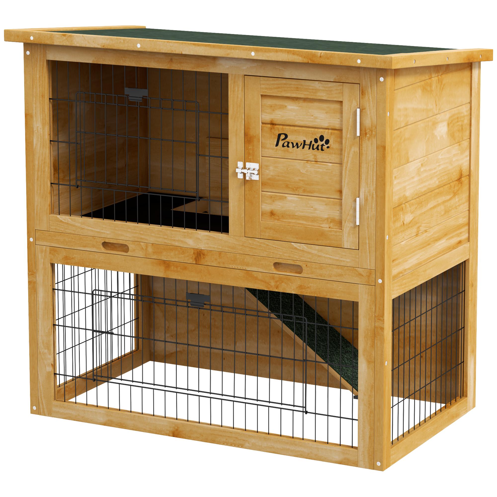 Garenne pour Lapin en Bois 2 Niveaux Avec 3 Portes Bac Coulissant Rampe Toit en Bitume 85 X 50 X 80 Cm Jaune
