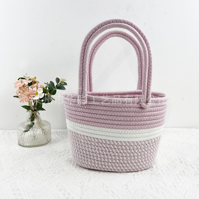 Retro Khaki Color Matching Portable Cotton Thread Bag Girl Versatile Portable Women's Bag Cotton Rope Woven Bag