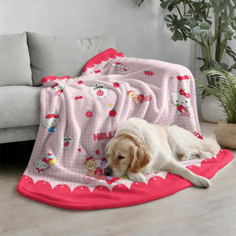 Sanrio Lovely Hello Kitty Plush Flannel Blanket Red White Grid Pattern Lightweight Throw Bed Sofa Cover School Office Nap Shawl