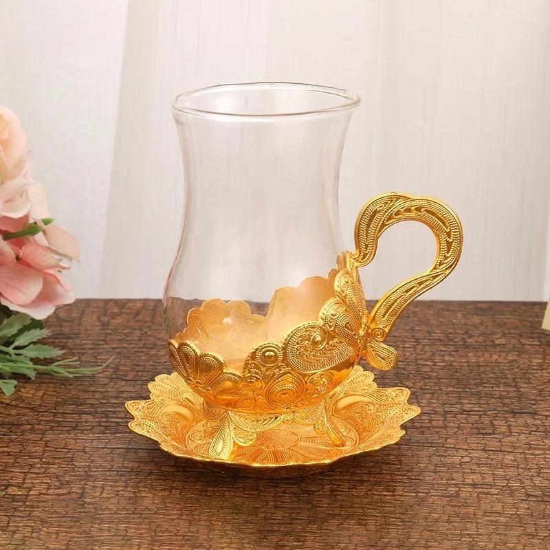 European Style Metal Glass Cup Teacup Dish Set Coffee Cup Milk Cup Teacup Beverage Cups Household Beverage Utensil Water Cups