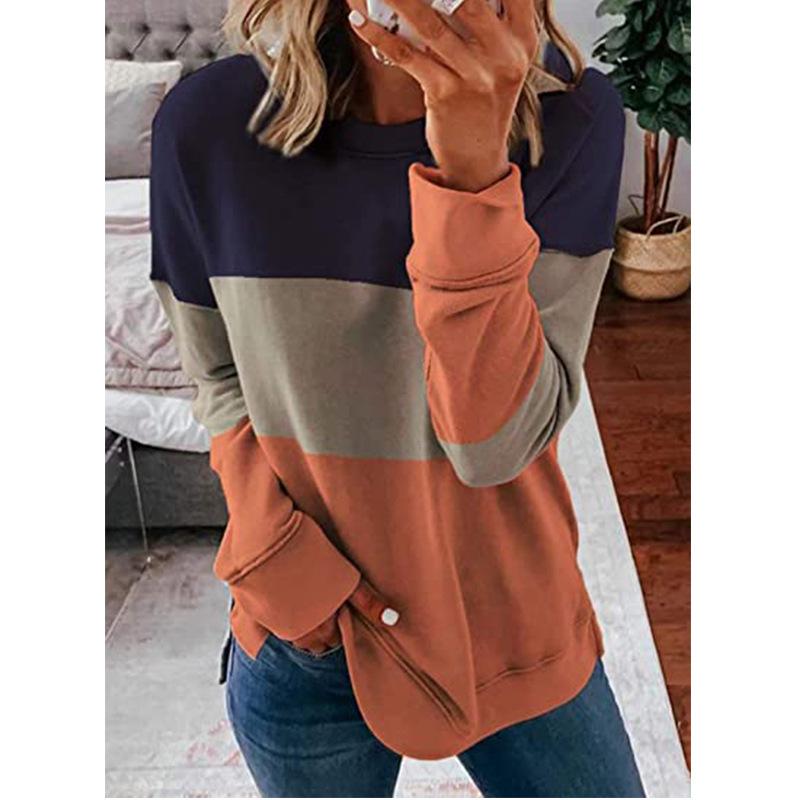 2023 Women s Patchwork Color Block Round Neck Long Sleeve Casual Hoodie 2XL