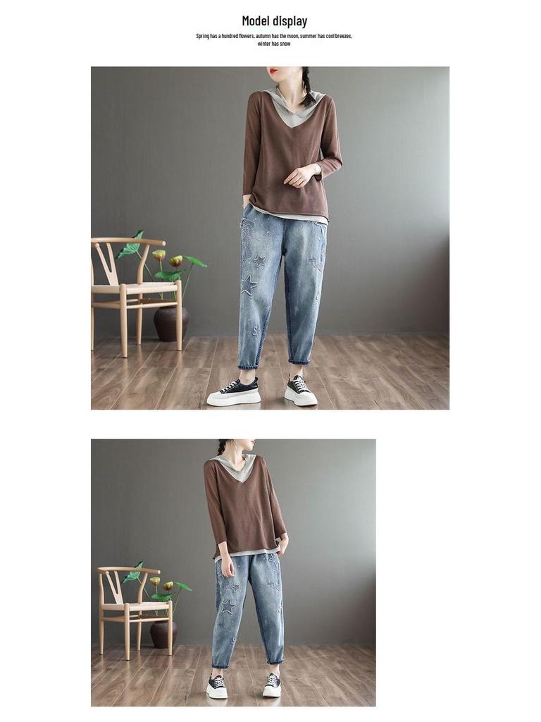 Women's Retro Distressed Embroidered Denim Harem Pants - Loose Fit, Elastic Waist, Plus Size, Cropped for Spring/Autumn 2025