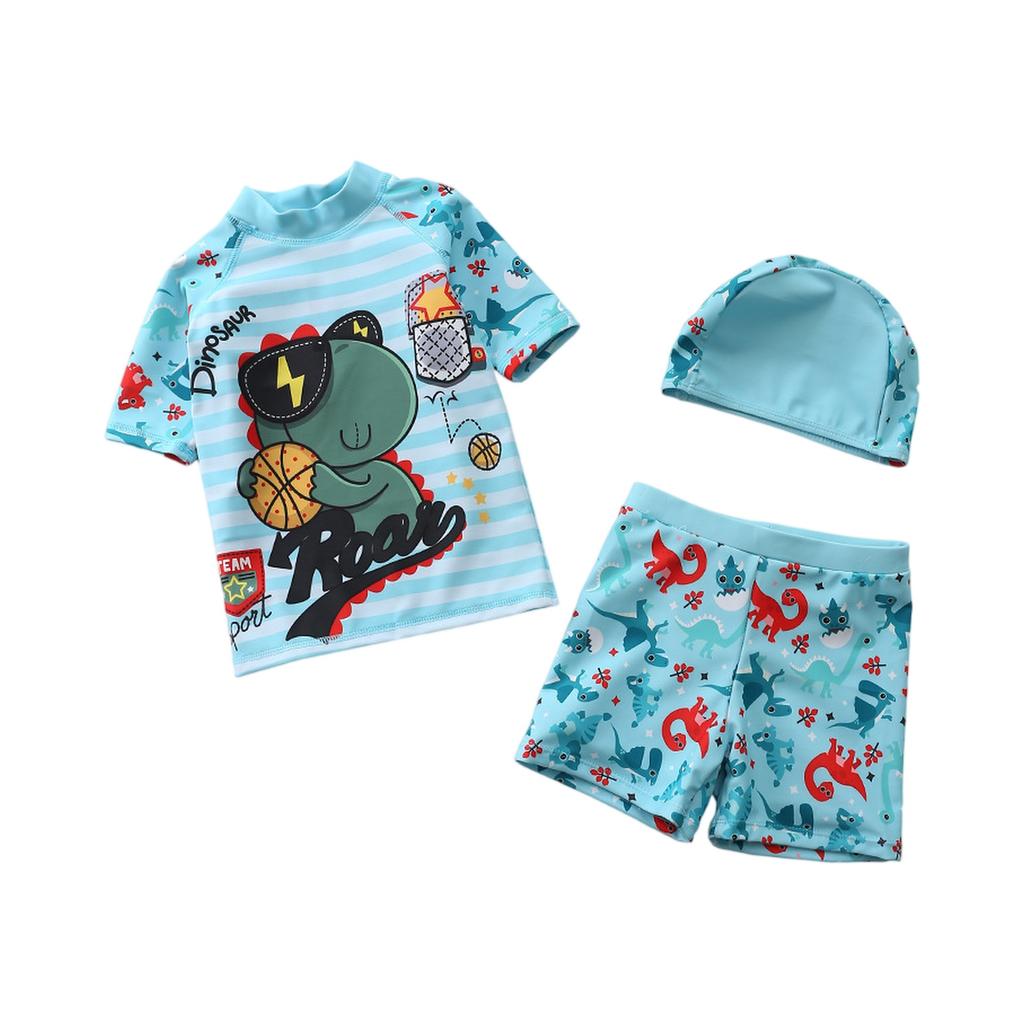 Boys Three Piece Swimsuit Set Short Sleeve Rash Guard Swim Shirt Swim Shorts and Swim Cap Cartoon Dinosaur Print Sun Protection Swimwear