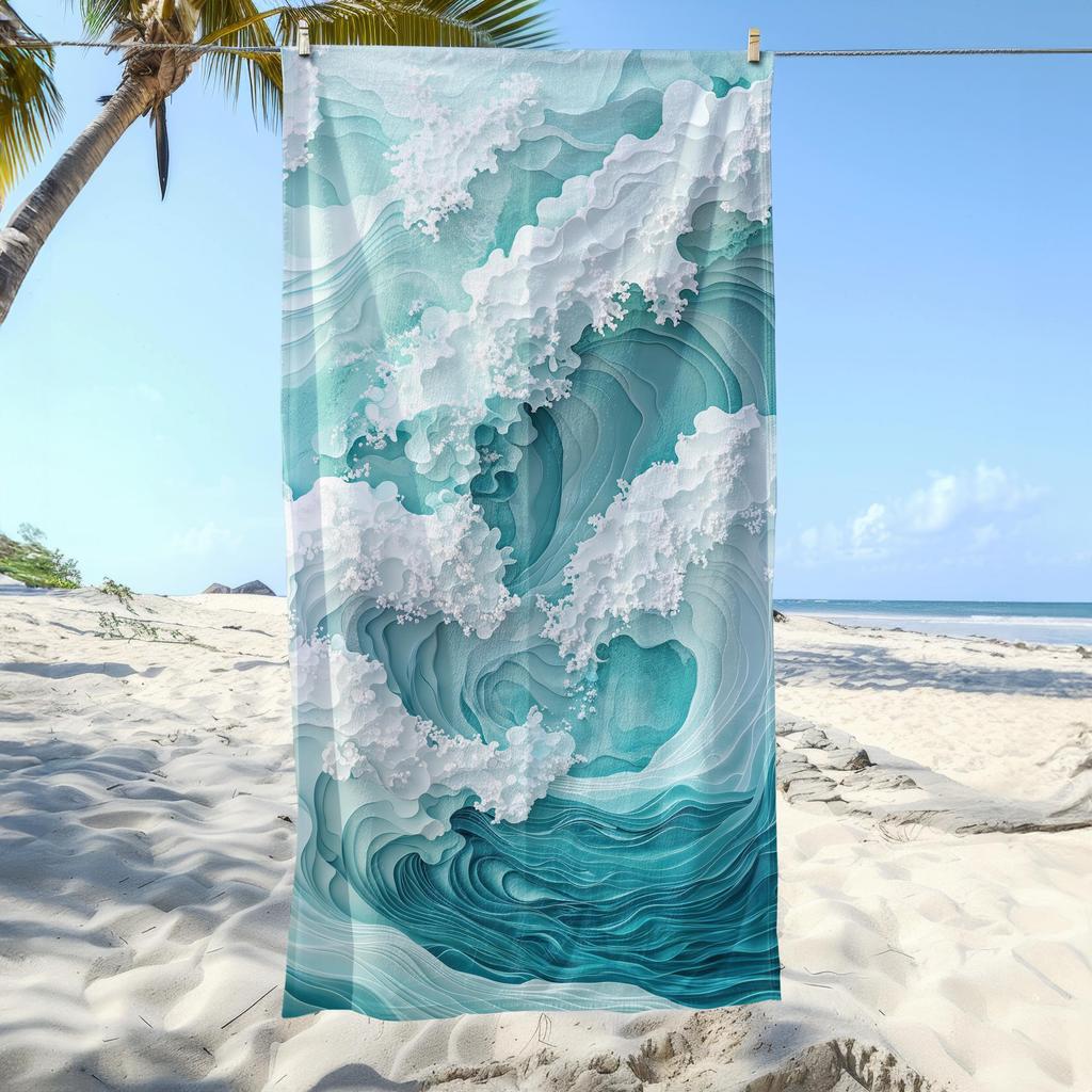 Ocean Wave Beach Towel, Seafoam Nautical Design, Soft Cotton Backing, Coastal Summer Beach Blanket, Gift for Him and Her