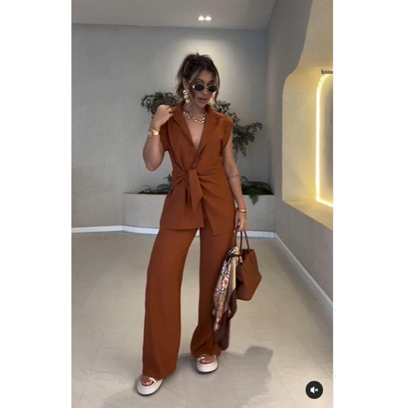 

Western Style Fashion Casual Loose Lapel Shirts High Waist Casual Pants Set Shirt and Pants Set Brown XXL