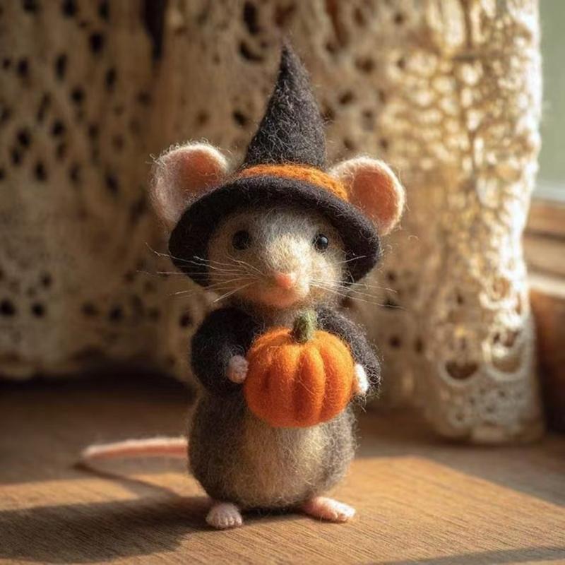 Festives Felt Pumpkin Mouse with Witch Hat Ornament For Halloween Party Home Office Desk Decors Handmade Craft Gift