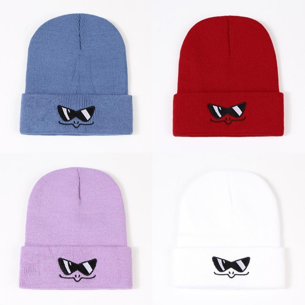 Funny Cartoon Sunglasses Knit Hat Autumn Winter New Embroidered Woolen Knit Hat Warm Female Trend