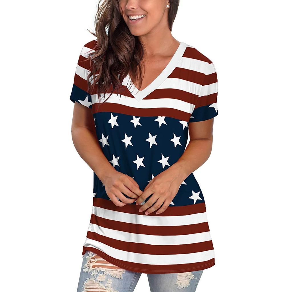 Independence Day Women's Casual V-Neck Loose Short Sleeve T-Shirt Blouse  Tops