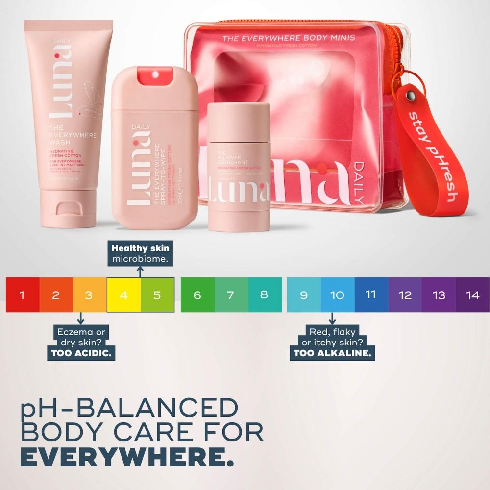 Luna Daily Hydrating Everywhere Body Minis Kit 3 Step Microbiome + Ph Balancing Routine 13.5 Oz 400 Ml