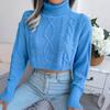 Fashionable Twisted-cable Long-sleeved High-neck Cropped Pullover Knit Top for Women