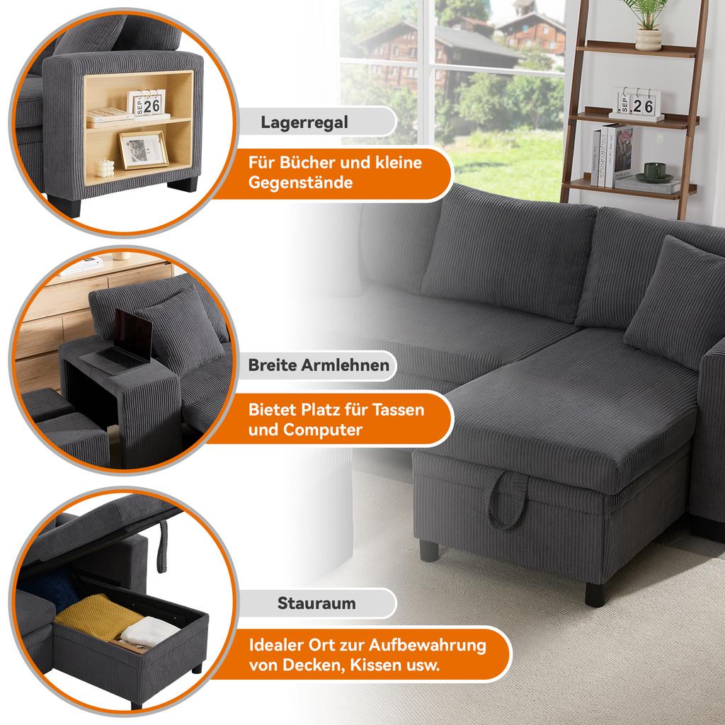 Folding Sofa with Sleep Function, L-Shaped Convertible Corner Sofa with USB Charging Port and Cushions, 3-Seater with Side Shelves and Storage Space