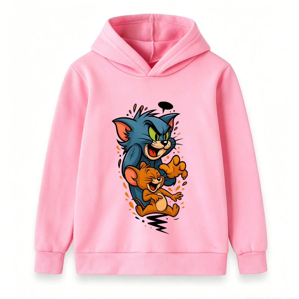 Kids Boys Girls Cartoon Cat Mouse Printed Pullover Hoodie, Casual Long Sleeve Loose Fit Hooded Sweatshirt for Boys Girls Daily Wear Party Holiday Gift