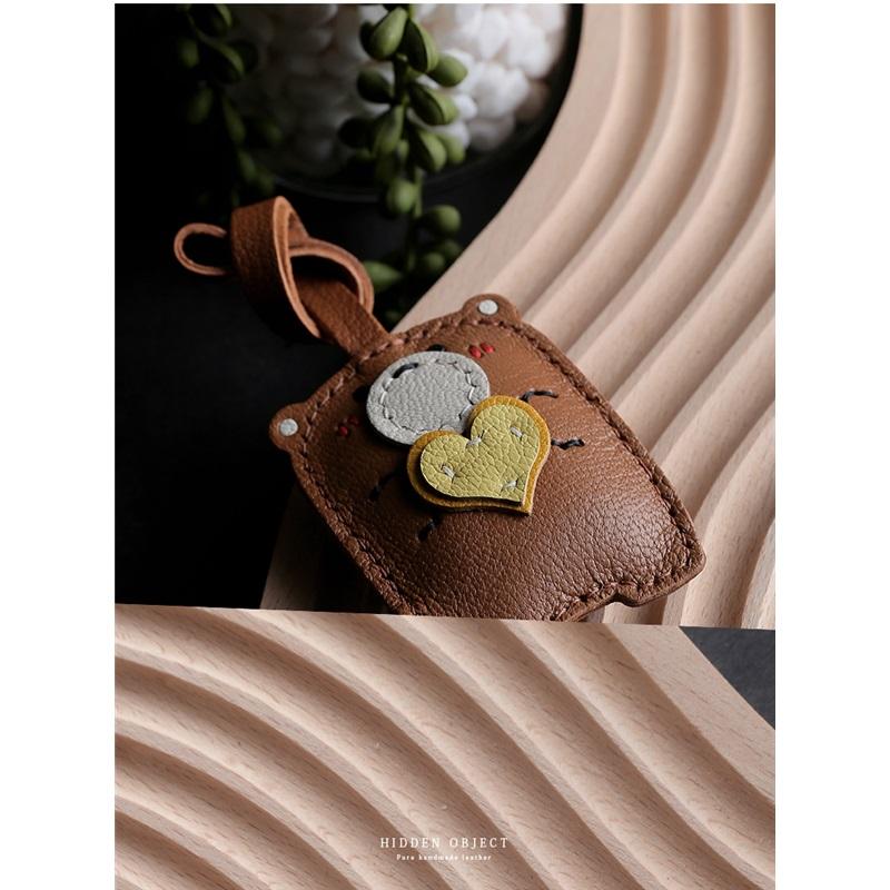 Teddy Bear Bag Keychain Genuine Leather Car Accessory Handmade Small Decoration