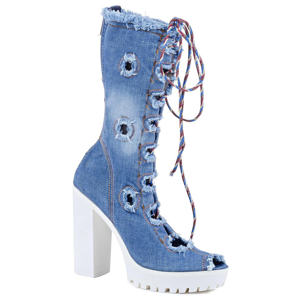 Denim Sandal Boots Handcrafted sexy Design Blue Torn Pattern Embroidered Denim Women's Sandal Geburtstagsgeschenk