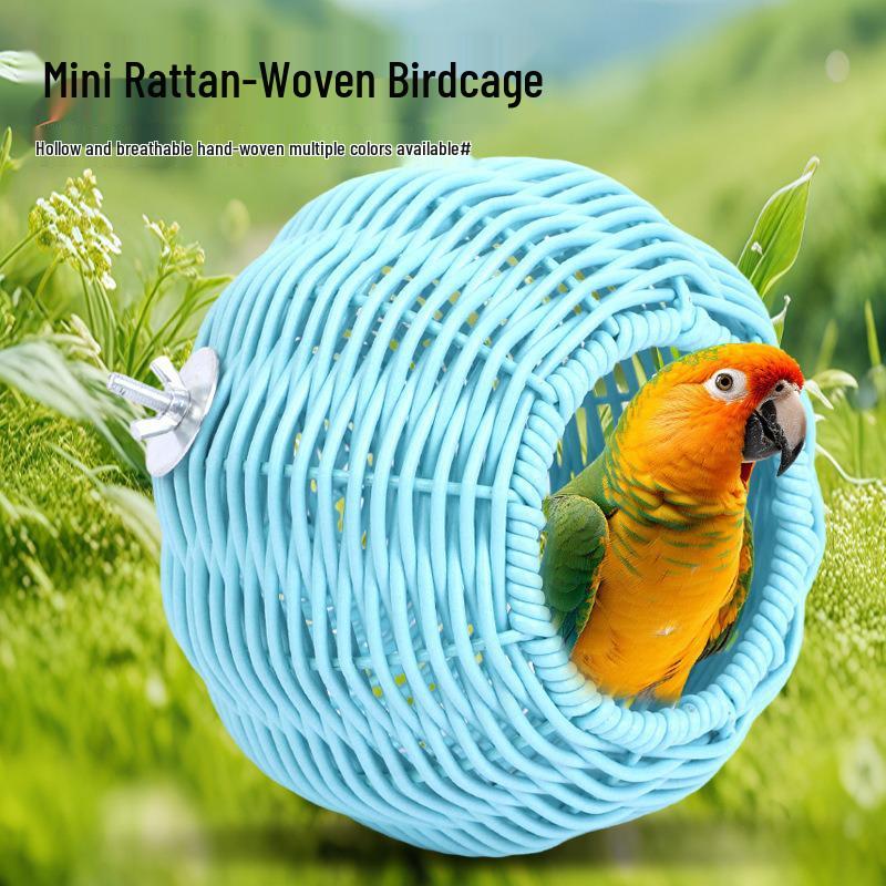 Hanging Rattan Bird & Squirrel Nest with Plastic Cage - Cozy Sleep Spot for Small Pets