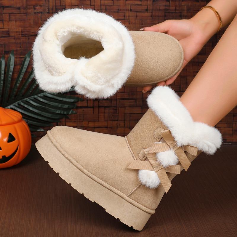 Fashion Winter Mid-calf Boots 2024 New Women's Velvet Thick Sole Anti-slip Bow Women's Boots Retro Solid Color Women's Snow Boots
