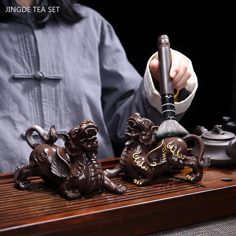 Purple Clay Pixiu Tea Pet Hand-traced Gold Animal Model Ornaments Office Home Tea Accessories Feng Shui Fortune Decoration
