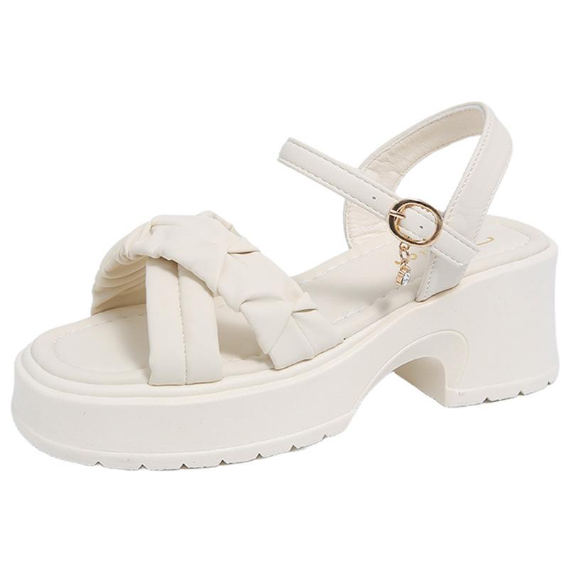 New Thick-soled Thick-heeled Female 2025 Summer Cool Shoelaces Fairy Wind Cross Wear One-button Roman Sandals Female