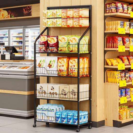 Snack Display Organizer 4/5 Tier Retail Rack Black Metal Candy Storage Shelf Cart with Wheels Wire & 15 Hooks Heavy-Duty Potato Chip Stand