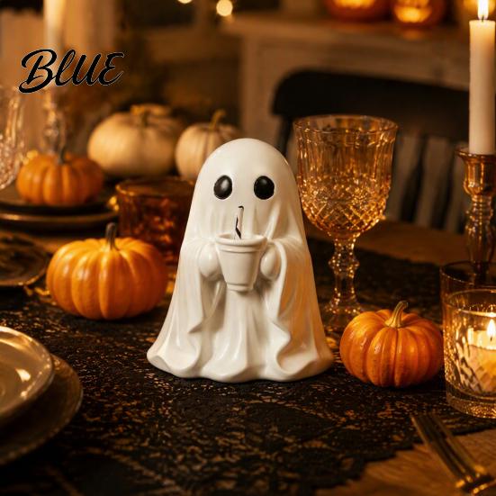 Festival Party Atmosphere Decor Cute Halloween Ghost Figurine Resin Tabletop Ornament with Black Cat And Desktop Ornaments Coffee Cup for Home Office