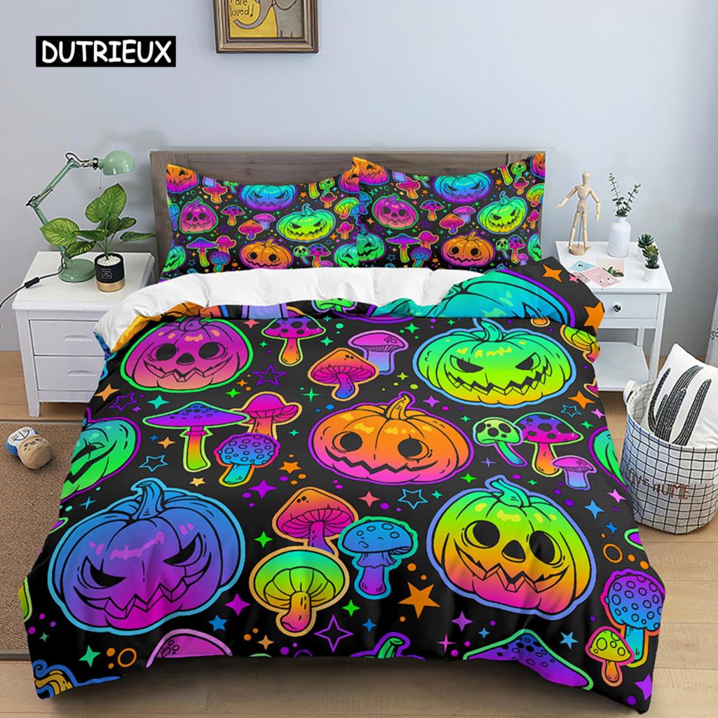 Neonfarbenes Bettbezug-Set King Regenbogen-Farbverlauf Kürbis Bettwäsche-Set Mikrofaser Steppdeckenbezug Halloween-Thema Einzelner Bettdeckenbezug