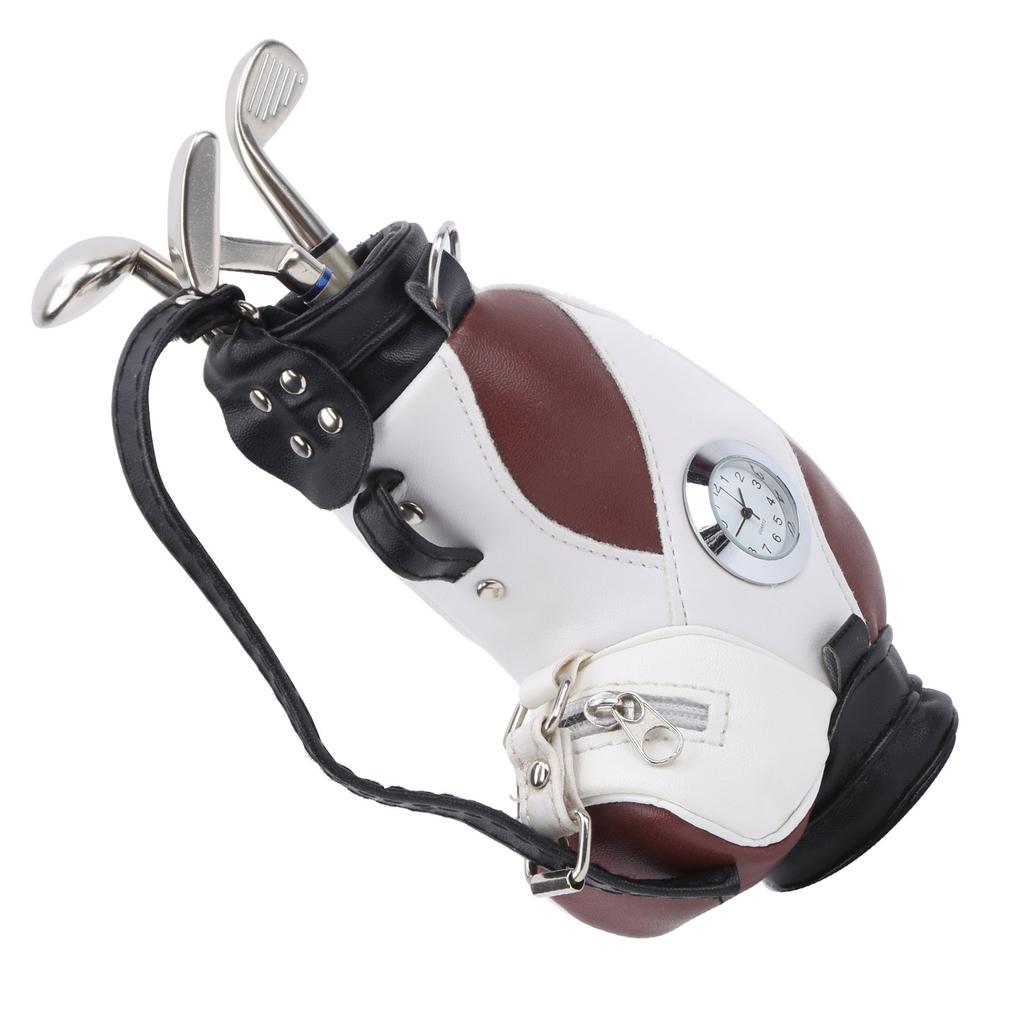 Mini Desktop  Golf Bag Pen Clock  Zinc Alloy PU Leather with Golf Pens Souvenir Set GiftBrown White