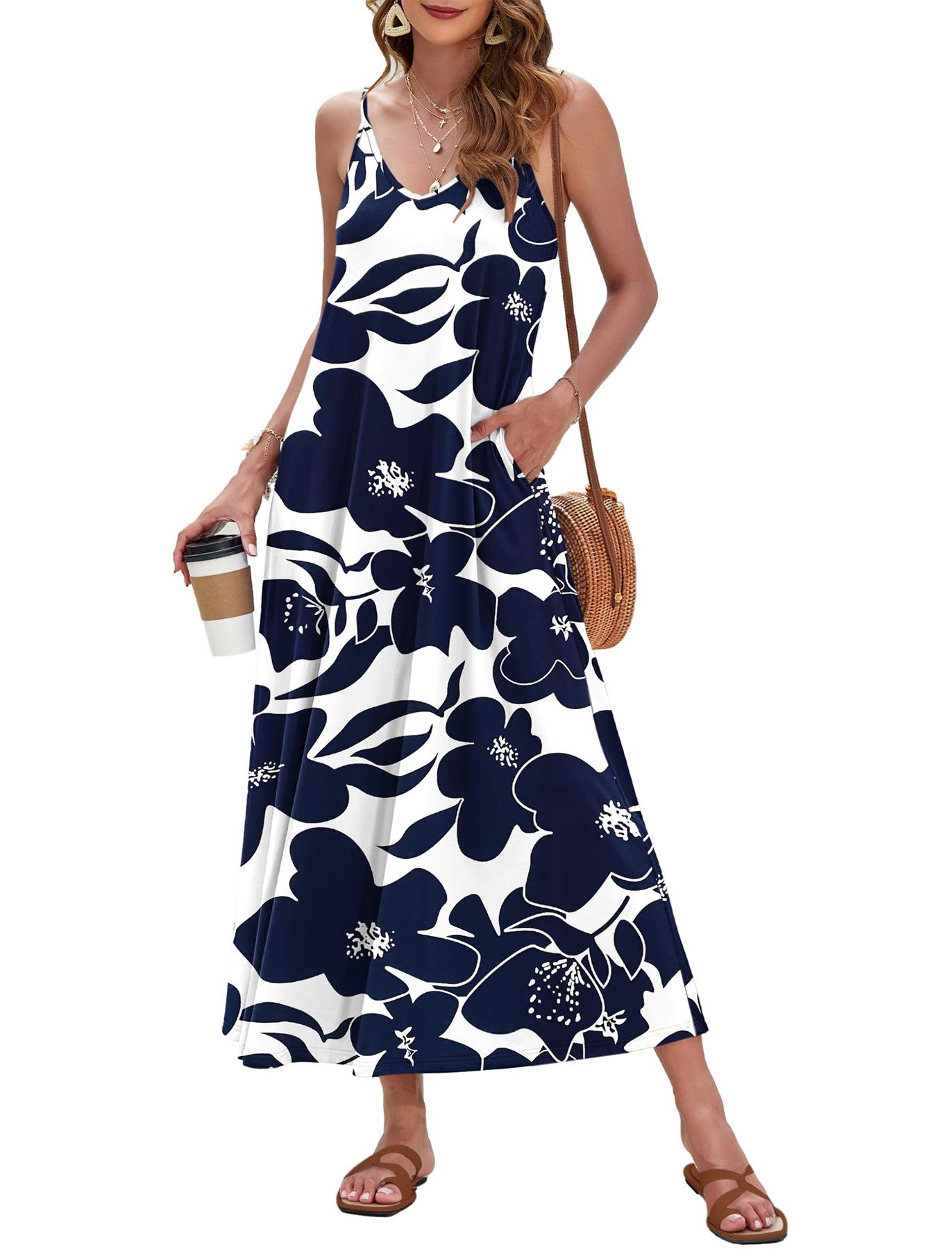 2026 summer new European and American fashion casual leaf print suspender pocket V-neck dress S