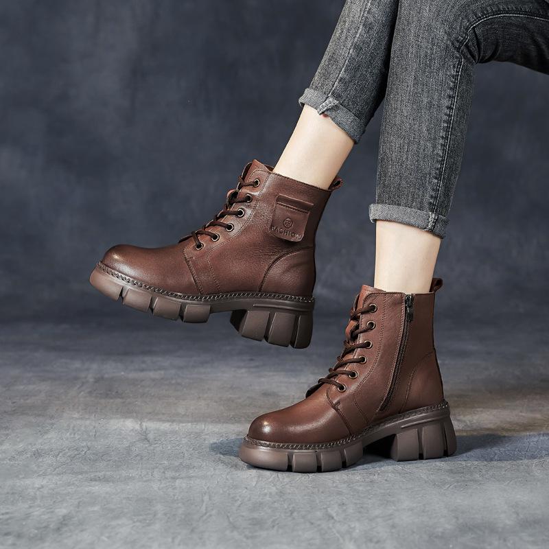 The first layer of cowhide Martin boots for women's 2025 autumn and winter new velvet thick-soled retro British style leather short boots for children