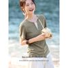 XWI Damen Leinenmischung Fake Zweiteiler V-Ausschnitt T-Shirt