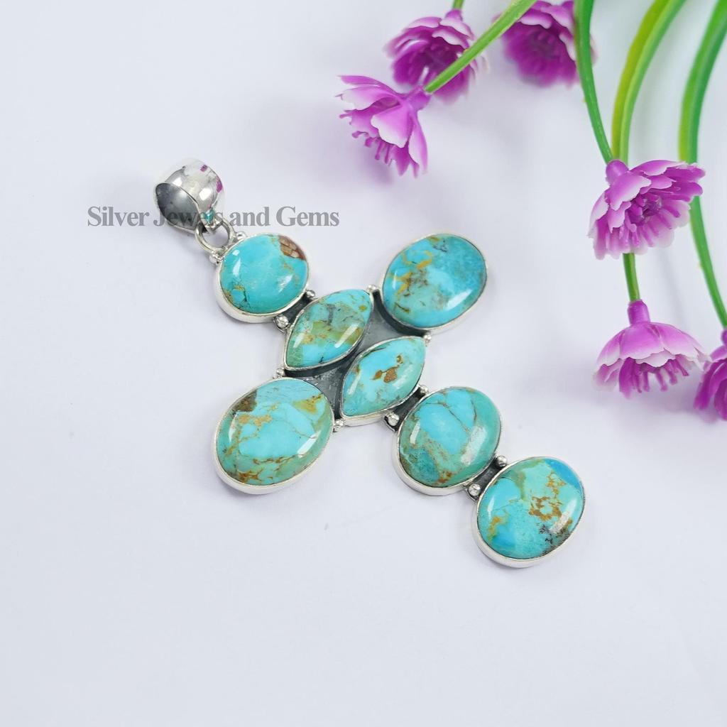 Kingman Turquoise Cross Pendant, 925 Sterling Silver Handmade Pendant