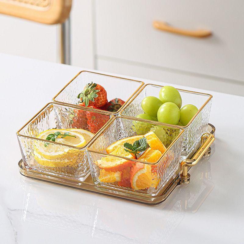 Light Luxury Glass Snack & Fruit Tray Four-Compartment Tray with Hammered Gold Rim