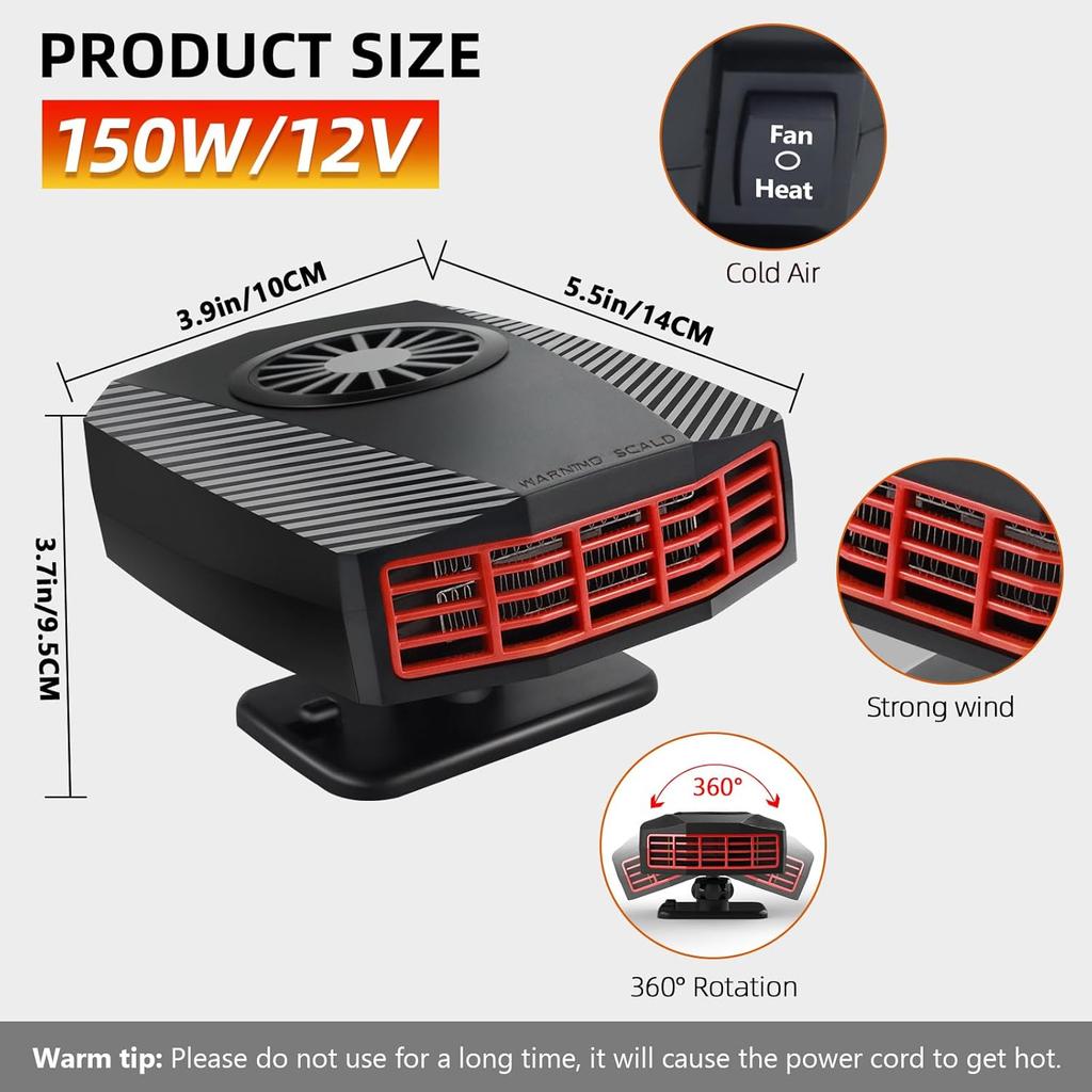 Car Heater,12V Fast Heating and Cooling Fan Portable Windshield Defogger and Defroster Plug into for Car RV SUV (Black)