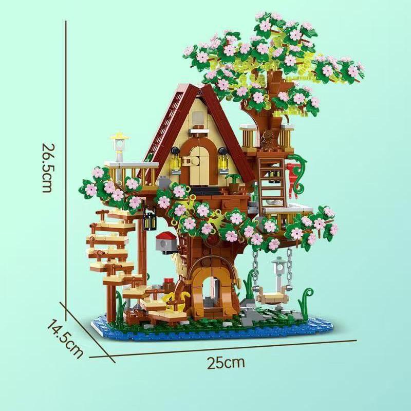 New 959PCS Cherry Blossom Flower Sakura Fantasy Treehouse MOC Architecture Model Assembly Building Block Puzzle Gift for Kid