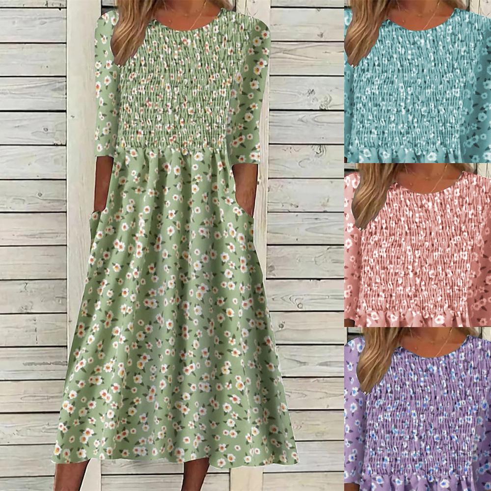 

Women s Floral Print Midi Dress with Ruffles 3/4 Sleeves Side Pockets Casual Summer Dress 3XL фіолетовий