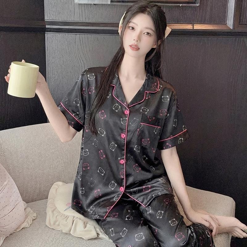 Sweet And Cool Girl Ice Silk Pajamas Women'S Summer Short-Sleeved Trousers Casual Lazy Style Loungewear Can Be Worn Outside