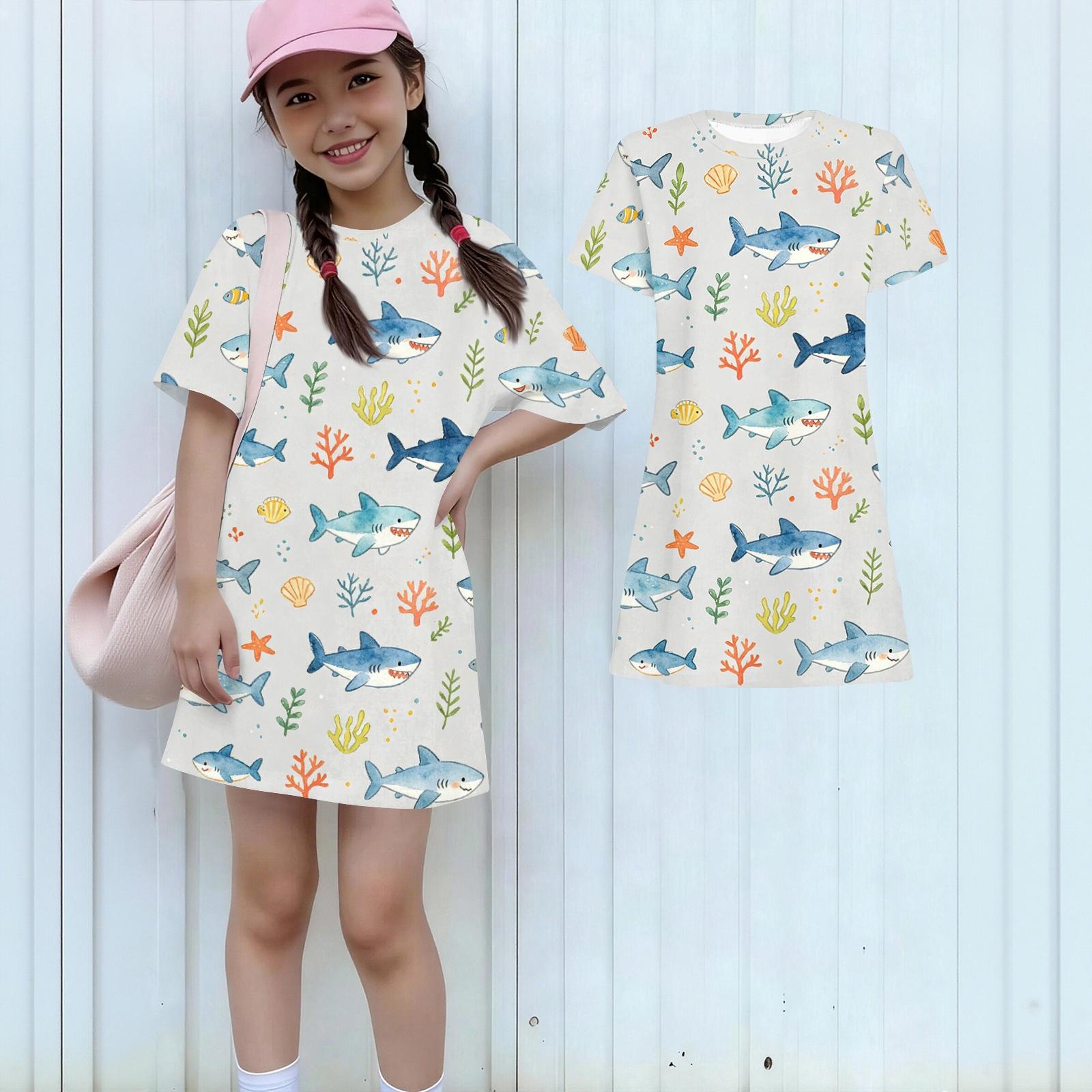 

Girls Loose Fit Short Sleeve Dress Lightweight Animal Print Casual Dress for Kids Comfortable Round Neck Summer Dress for Children 130