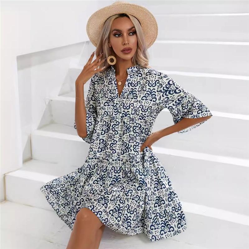 Frühlings- und Sommer-Freizeit-Midirock Mode bedrucktes Urlaubs-Kleid