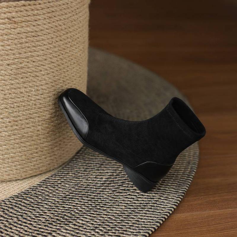 New Square Head Women's Large Size Martin Boots Solid Color Elastic Suede Low Heel Women's Boots Autumn and Winter Square Heel Medium Boots Women's