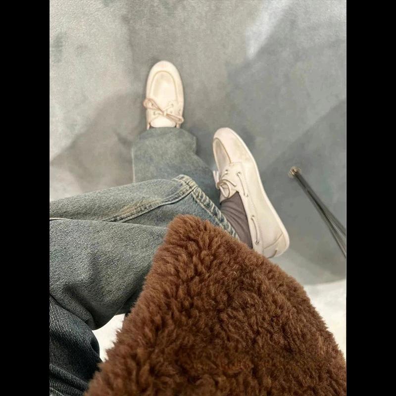 

Women s Loafers Autumn and Winter New Bow Shallow Mouth Sailing Shoes Women s Casual Retro Brown Lace-up Loafers Flat Shoes 40