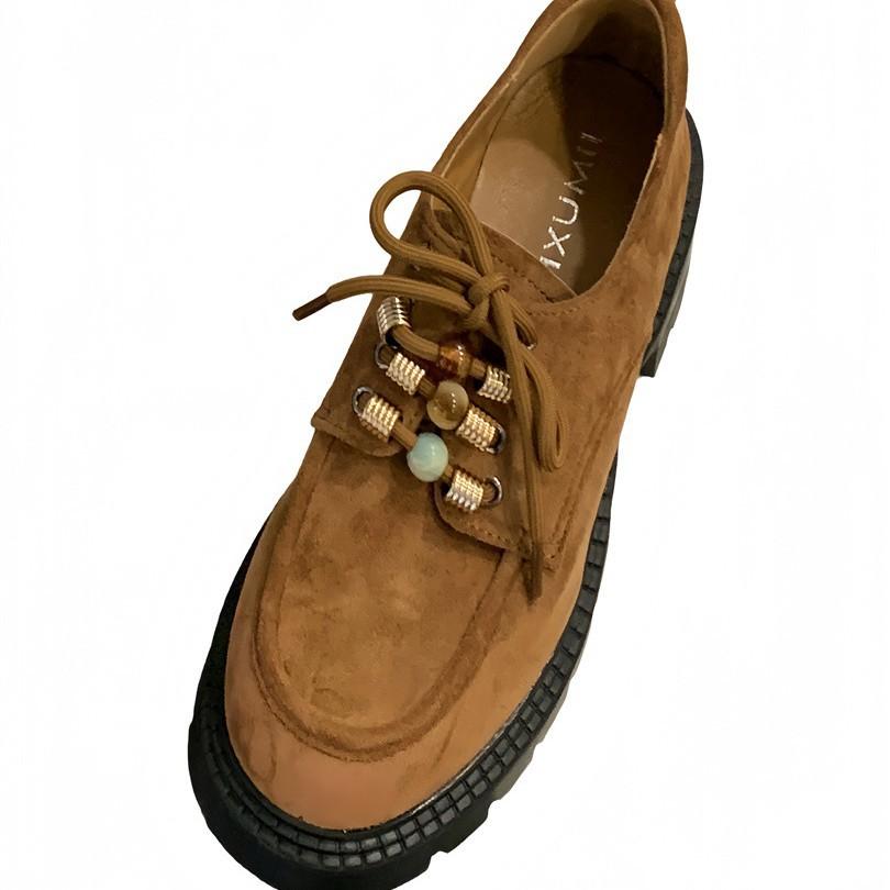 Muffin platform loafers women's 2025 autumn new versatile lace-up single shoes small people increase height British small leather shoes