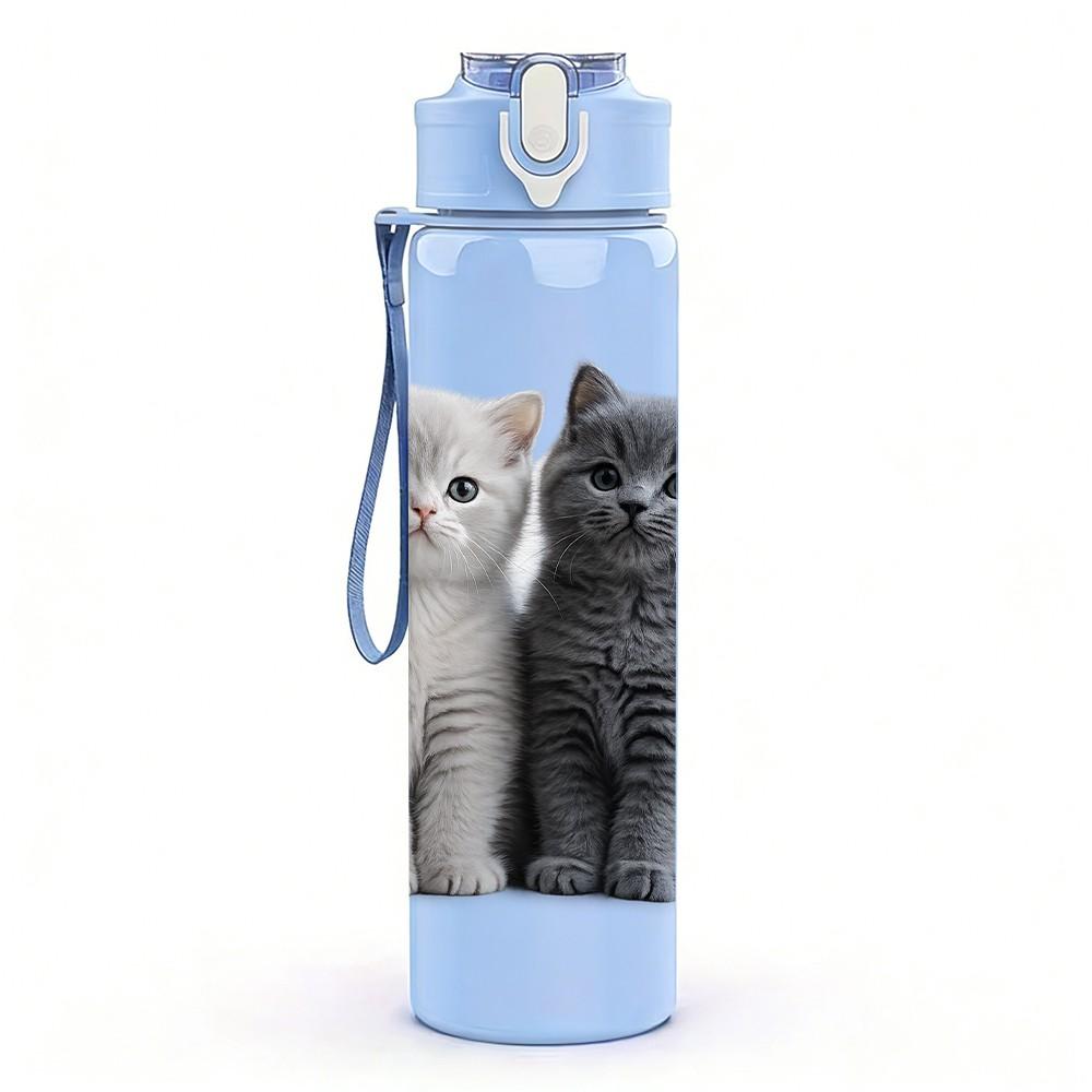 1PC Two Gray Kitten Cat Portrait Print 750ml Color Plastic Sports Water Bottle Leakproof Flip Straw Lid Suitable for Sports Office Home Use